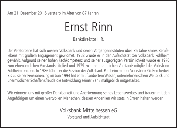 Traueranzeige von Ernst Rinn von  Gießener Anzeiger