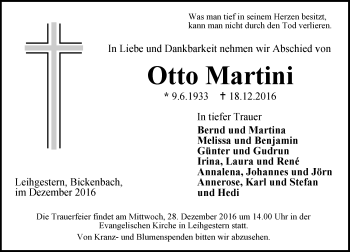 Traueranzeige von Otto Martini von  Gießener Anzeiger
