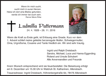 Traueranzeige von Ludmilla Pattermann von Trauerportal Echo Online