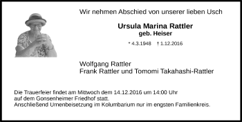 Traueranzeige von Ursula Marina Rattler von Trauerportal Rhein Main Presse