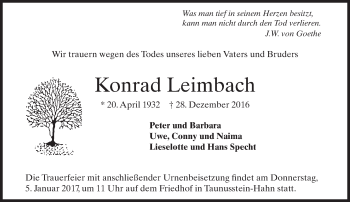 Traueranzeige von Konrad Leimbach von Trauerportal Rhein Main Presse