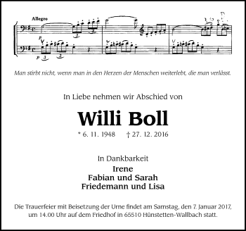 Traueranzeige von Willi Boll von Trauerportal Rhein Main Presse