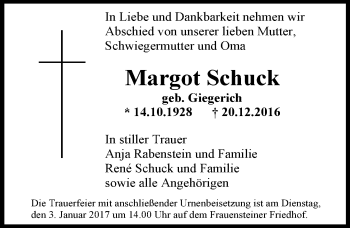 Traueranzeige von Margot Schuck von Trauerportal Rhein Main Presse