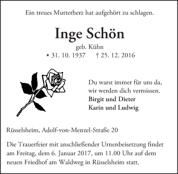 Traueranzeige von Inge Schön von Trauerportal Rhein Main Presse