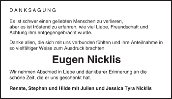 Traueranzeige von Eugen Nicklis von Trauerportal Echo Online