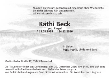 Traueranzeige von Käthi Beck von Trauerportal Rhein Main Presse
