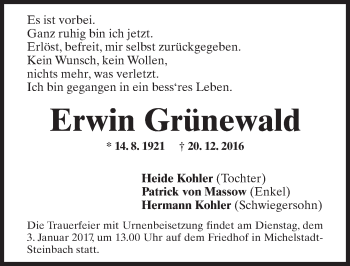 Traueranzeige von Erwin Grünewald von Trauerportal Echo Online