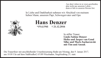Traueranzeige von Hans Denzer von Trauerportal Rhein Main Presse
