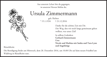 Traueranzeige von Ursula Zimmermann von Trauerportal Rhein Main Presse