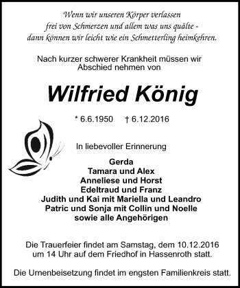 Traueranzeige von Wilfried König von Trauerportal Echo Online