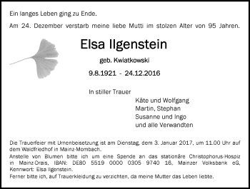 Traueranzeige von Elsa Ilgenstein von Trauerportal Rhein Main Presse