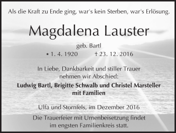 Traueranzeige von Magdalena Lauster von  Kreisanzeiger