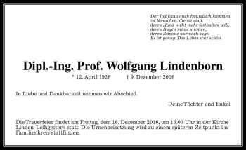 Traueranzeige von Wolfgang Lindenborn von  Gießener Anzeiger