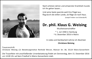 Traueranzeige von Klaus G. Weising von Trauerportal Rhein Main Presse