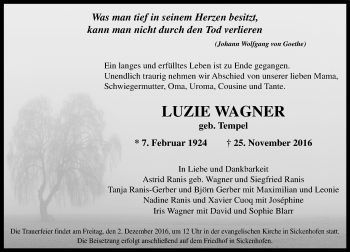 Traueranzeige von Luzie Wagner von Trauerportal Echo Online