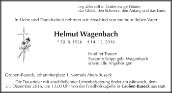 Traueranzeige von Helmut Wagenbach von  Gießener Anzeiger