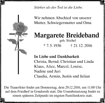 Traueranzeige von Margarete Breideband von  Gelnhäuser Tageblatt