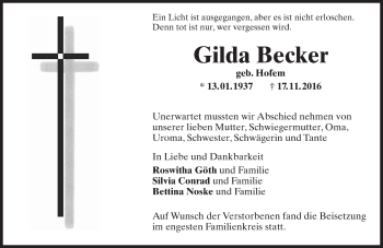 Traueranzeige von Gilda Becker von Trauerportal Rhein Main Presse