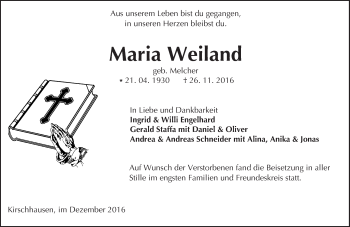 Traueranzeige von Maria Weiland von Trauerportal Echo Online
