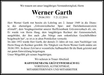 Traueranzeige von Werner Garth von  Usinger Anzeiger
