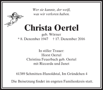 Traueranzeige von Christa Oertel von  Usinger Anzeiger