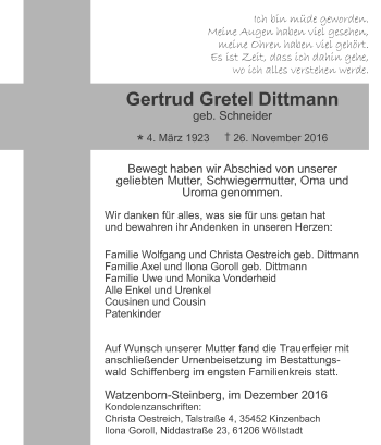 Traueranzeige von Gertrud Gretel Dittmann von  Gießener Anzeiger