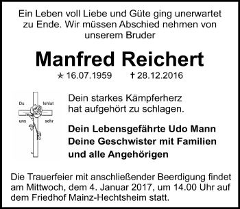Traueranzeige von Manfred Reichert von Trauerportal Rhein Main Presse