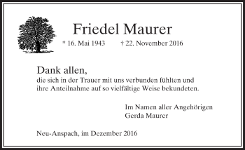 Traueranzeige von Friedel Maurer von  Usinger Anzeiger Traueranzeige von Friedel Maurer von  Usinger Anzeiger
