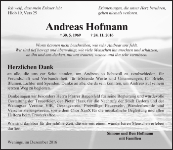 Traueranzeige von Andreas Hofmann von  Kreisanzeiger