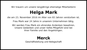 Traueranzeige von Helga Mark von Trauerportal Echo Online