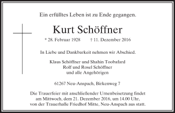 Traueranzeige von Kurt Schöffner von  Usinger Anzeiger Traueranzeige von Kurt Schöffner von  Usinger Anzeiger