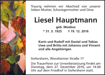 Traueranzeige von Liesel Hauptmann von Trauerportal Rhein Main Presse