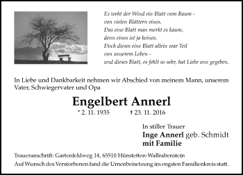 Traueranzeige von Engelbert Annerl von Trauerportal Rhein Main Presse
