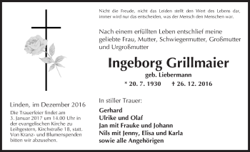 Traueranzeige von Ingeborg Grillmaier von  Gießener Anzeiger