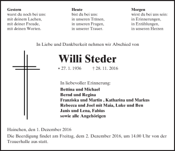Traueranzeige von Willi Steder von  Kreisanzeiger