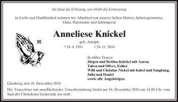 Traueranzeige von Anneliese Knickel von  Kreisanzeiger