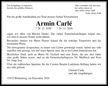 Traueranzeige von Armin Carle von  Gießener Anzeiger
