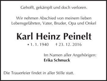Traueranzeige von Karl Heinz Peinelt von Trauerportal Echo Online