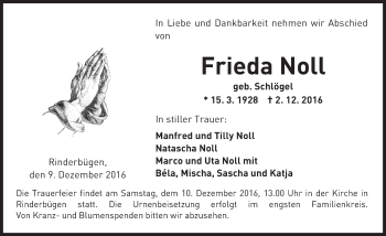 Traueranzeige von Frieda Noll von  Kreisanzeiger
