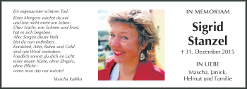 Traueranzeige von Sigrid Stanzel von  Gießener Anzeiger