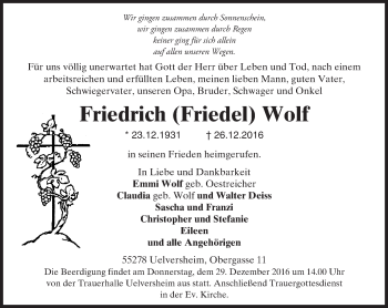 Traueranzeige von Friedrich Wolf von Trauerportal Rhein Main Presse