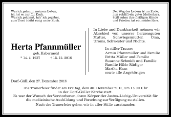 Traueranzeige von Herta Pfannmüller von  Gießener Anzeiger