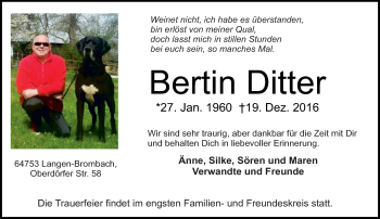 Traueranzeige von Bertin Ditter von Trauerportal Echo Online