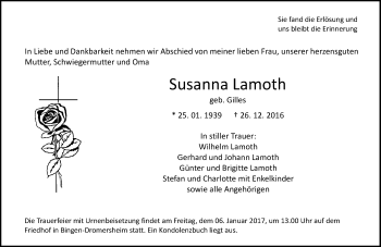 Traueranzeige von Susanna Lamoth von Trauerportal Rhein Main Presse