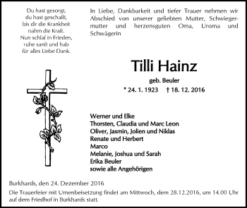 Traueranzeige von Tilli Hainz von  Kreisanzeiger