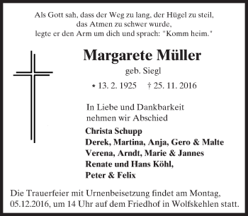 Traueranzeige von Margarete Müller von Trauerportal Echo Online