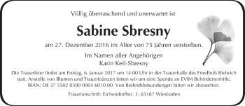 Traueranzeige von Sabine Sbresny von Trauerportal Rhein Main Presse