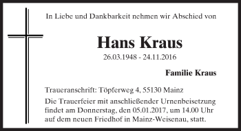 Traueranzeige von Hans Kraus von Trauerportal Rhein Main Presse