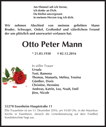 Traueranzeige von Otto Peter Mann von Trauerportal Rhein Main Presse