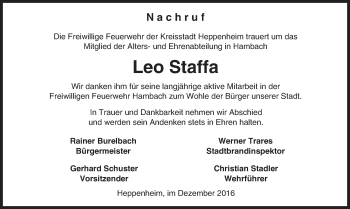 Traueranzeige von Leo Staffa von Trauerportal Echo Online